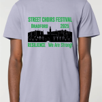 The logo for Street Choirs Festival Bradford 2025 on lavendar on a t-shirt mock-up being worn by a man