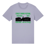 The logo for Street Choirs Festival Bradford 2025 on lavendar on a t-shirt mock-up