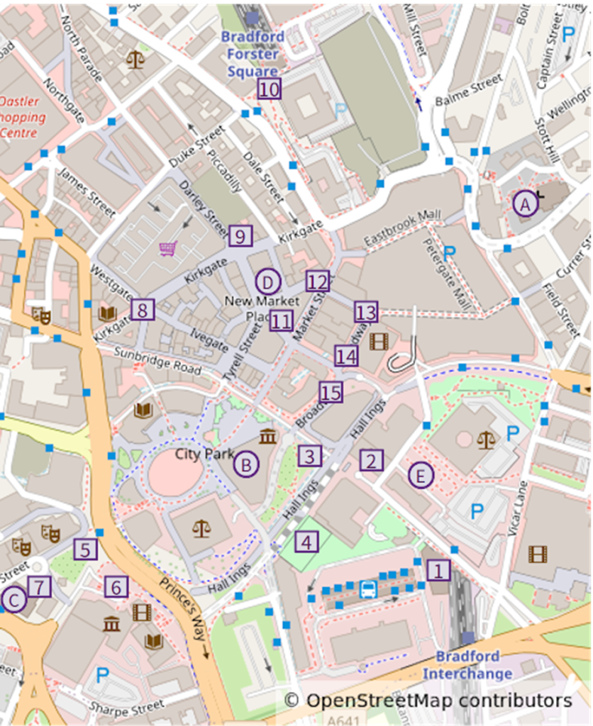 map showing street singing venues
